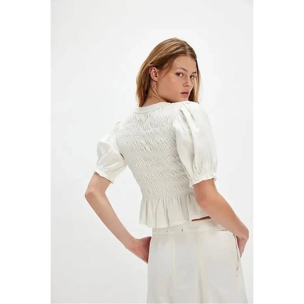 Free People Bohemian Cottage Ruched Maxey Knit Top in Ivory XL NWT Puff Sleeves